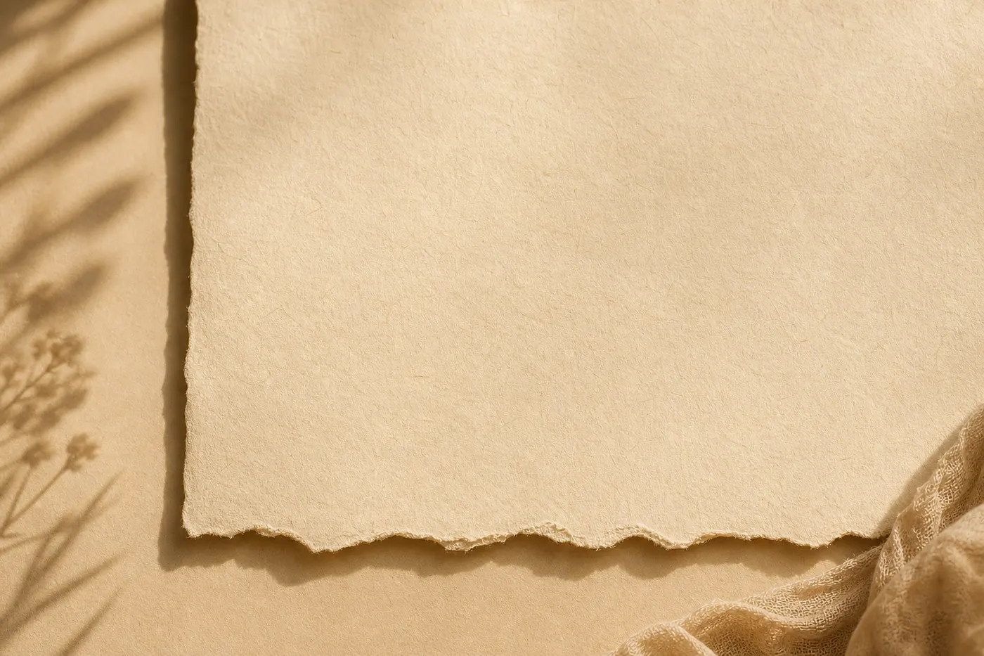 Handgeschöpftes Papier in warmen Cremetönen mit zartem Schatten botanischer Zweige